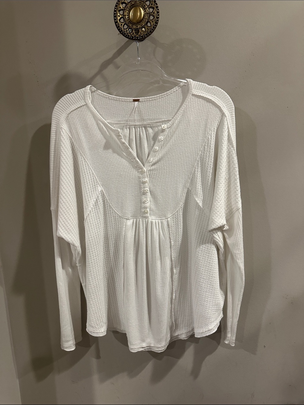 Free People White Waffle Henley Peasant Blouse